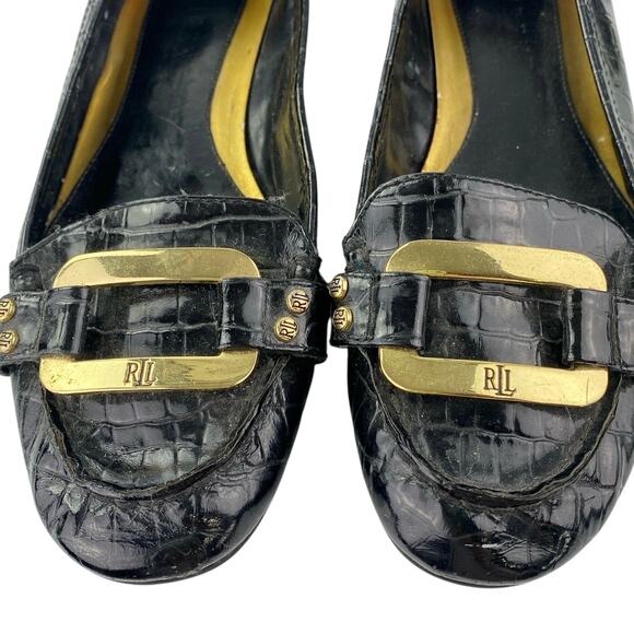 Ralph Lauren Women's Black Gold Logo Croc Leather Chain Slip On Loafers Shoes 6M - Picture 5 of 6